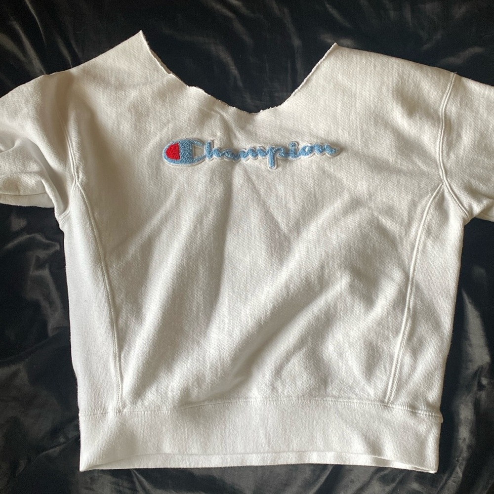 white off the shoulder champion crew neck